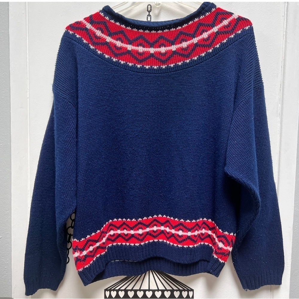 Vintage blue & red round neck pull over sweater - Picture 3 of 4